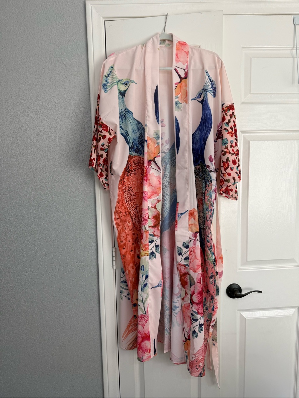 Blush Pink Peacock Floral Kimono Robe Long Belted